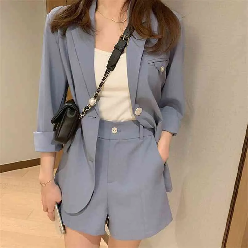 Suit Fashion Small Suit Hepburn Small Fragrance Korean Version Shorts Two-piece Set Girls Purple Jacket and Pants Set 210819