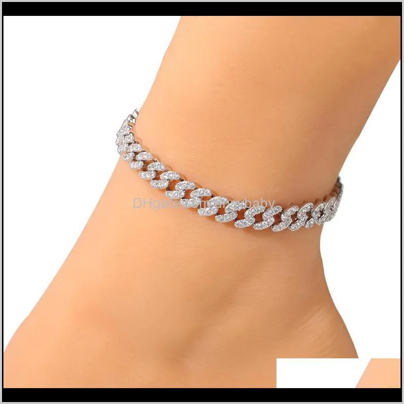 fashion womens anklets bracelet iced out cuban link chain anklets bracelets gold silver pink diamond hip hop anklet jewelry