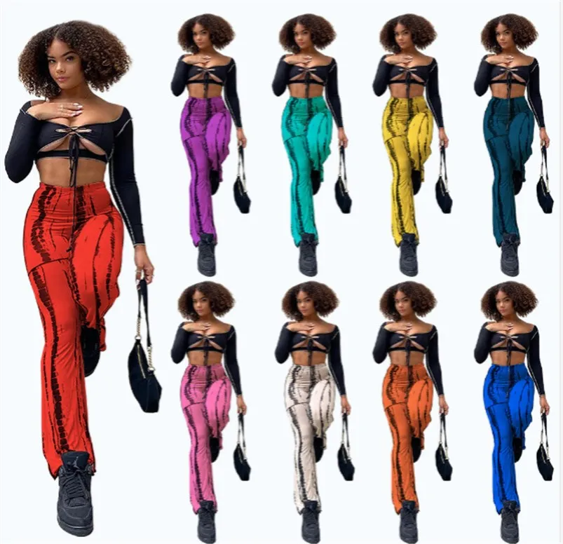 wholesale flare pants two piece set tracksuits outfits sexy crop top trousers sportswear sweatsuit pullover legging suits klw7401