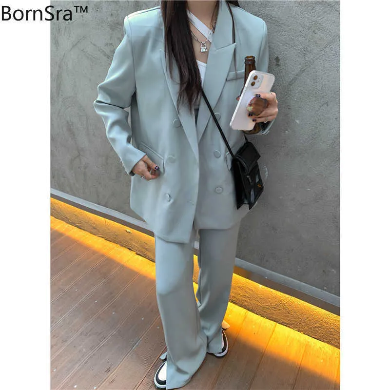 Bornsra, летний офисный женский комплект из 2 предметов с карманами, женские полные костюмы, пиджак и брюки, черный/синий костюм 210930