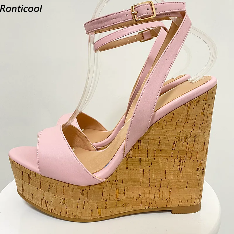 Rontic New Stylish Women Gladiator Sandals Wedges Heels Open Toe Gorgeous Light Pink Fuchsia Biege Casual Shoes US Size 5-20