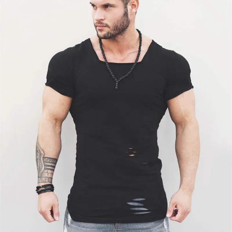 Muscleguys Brand New Fashion Solid T Shirt Mens Hip Hop Extend T Shirt Men Ripped Destroy Hole Cotton Fitness T shirt Homme 210421