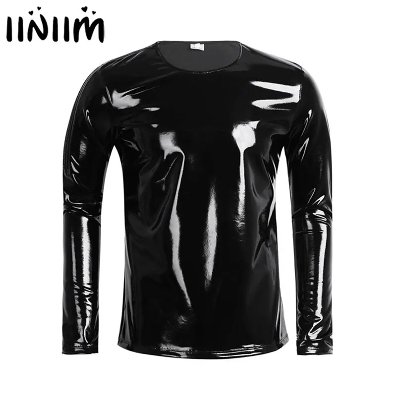 Iiniim Black Mens Patent Lederen Latex Lange Mouw Rits T-shirt Nachtclub Metallic Shiny Hip Hop Pullover T-shirt Kostuum Top 210329