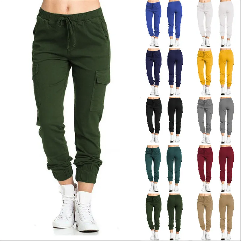 Kvinnors Workwear Elastic Waist Cargo Scrubs Pant Multicolor Stretch Casual Lacing Drawstring High Waist Bottoms Byxor Fitness Tracksuit