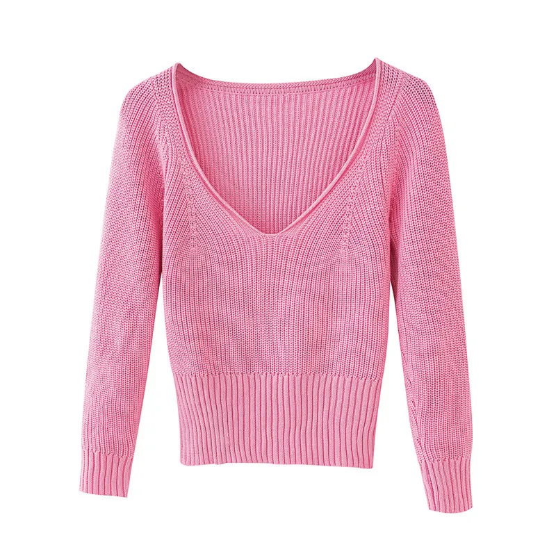 Suéter de otoño invierno con cuello en V profundo sexy para mujer Suéter rosa de manga larga delgado de punto para mujer 210430