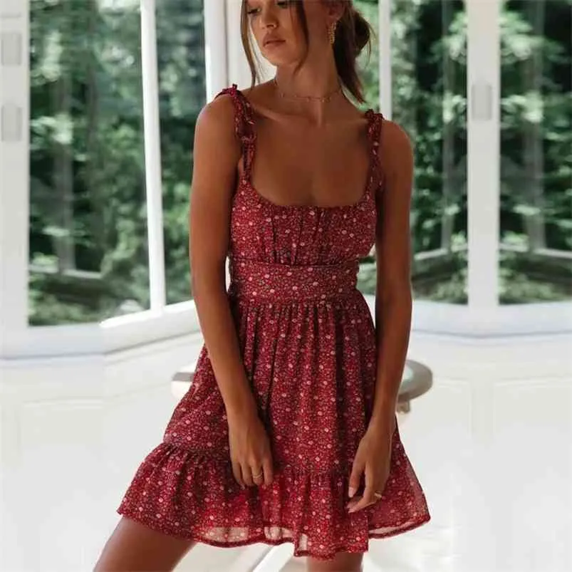 Ruched spets upp röd sommar klänning kvinnlig spaghetti strap chiffong strand vintage boho blommig tryck kort sundress 210427