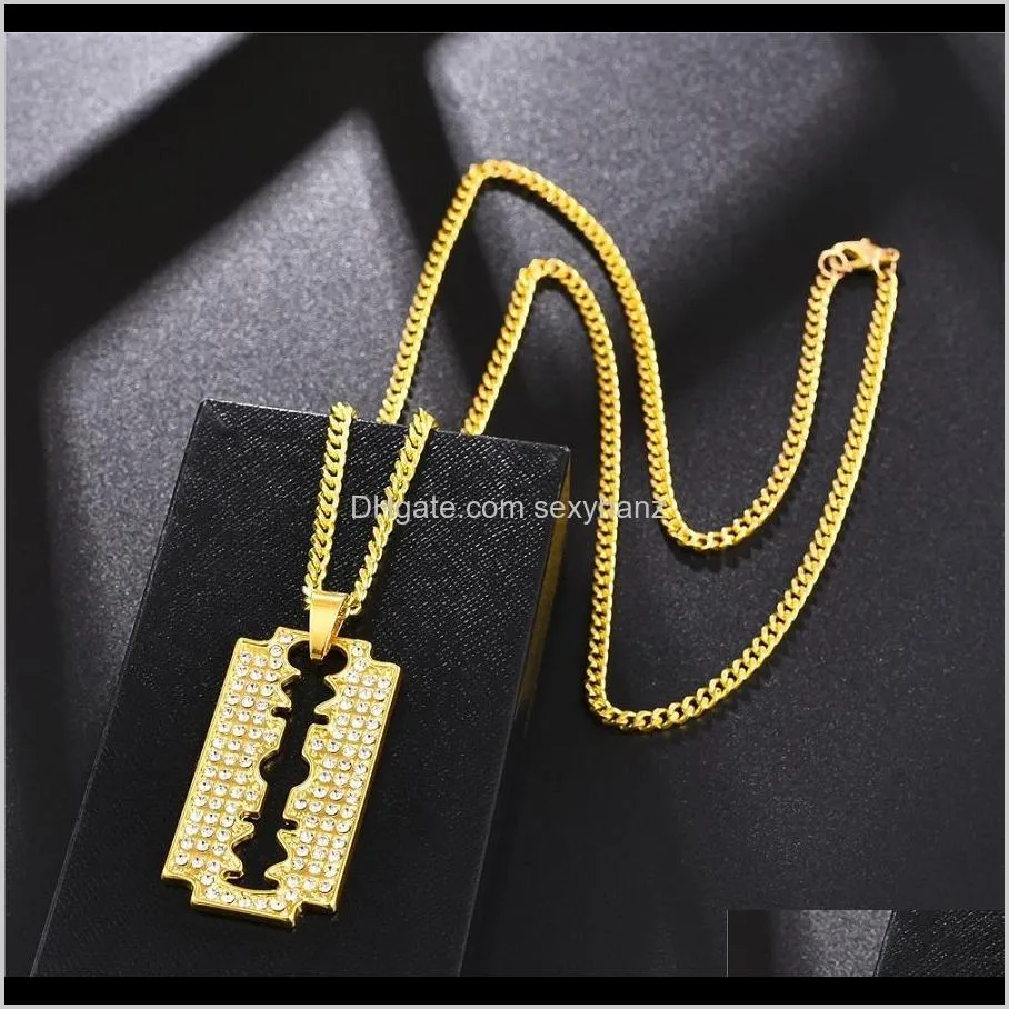 fashion men iced out blade pendant necklace hip hop jewelry full rhinestone design 18k gold plated 60cm long chains punk necklaces for