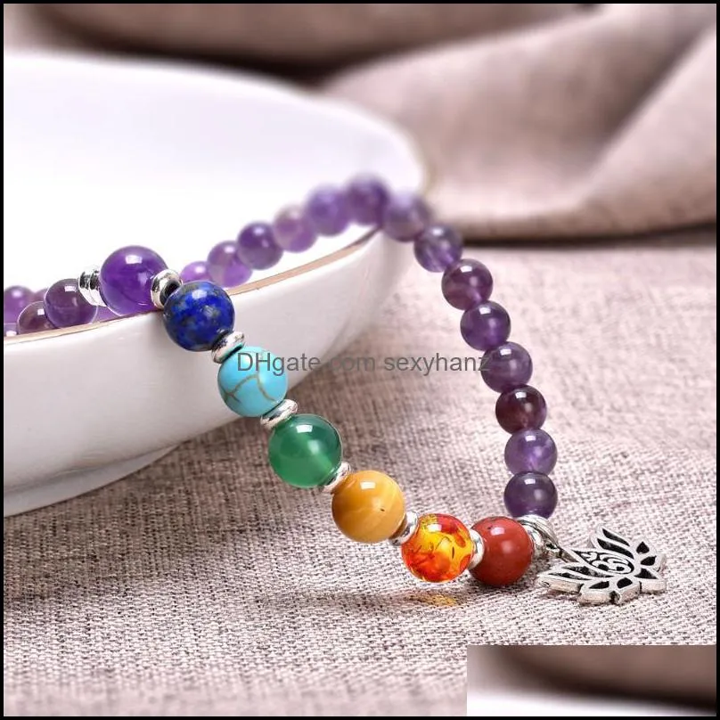 Beaded, Strands Natural Amethyst And Charm Bracelet Crystal Bead Stretch Chakra Yoga Women Spiritual Energy Protection Jewelry