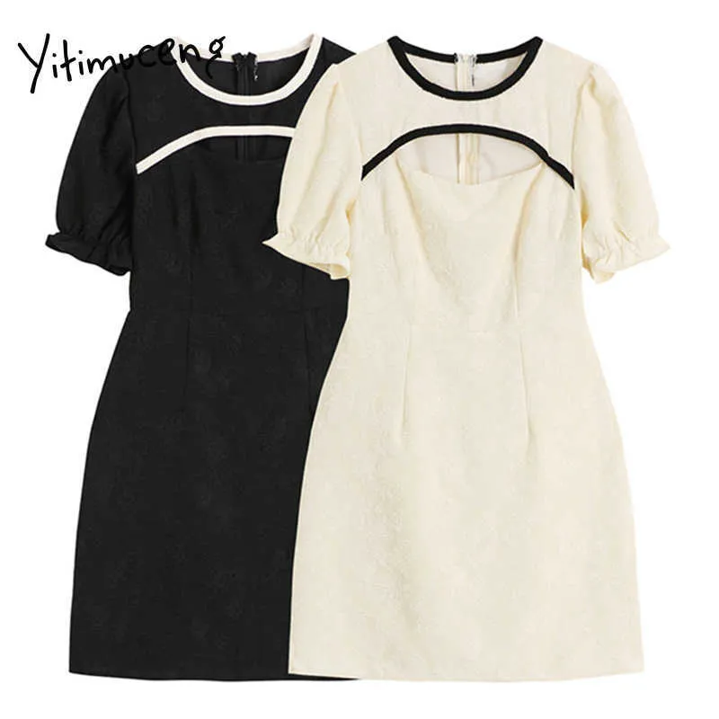 Yitimuceng Vintage Dress Women Summer Hollow High Waist Puff Sleeve A-Line O-Neck Solid White Black Fashion Sundress 210601