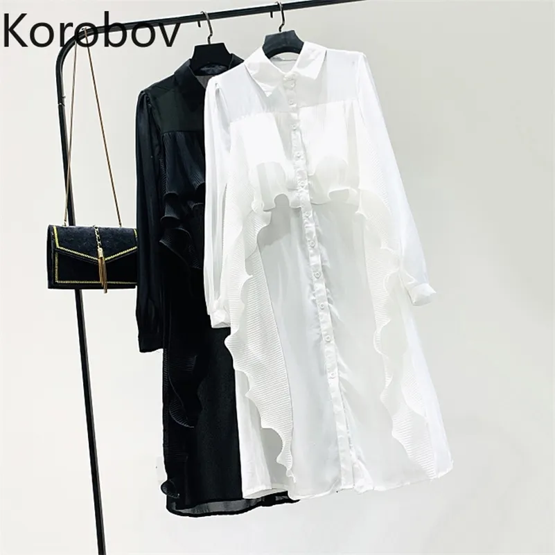 Korobov Vintage Solid Långärmad Kvinnor Klänning Koreanska StreetWear High Waist Dresses Sommar Ruffles Nya Vestidos 210430