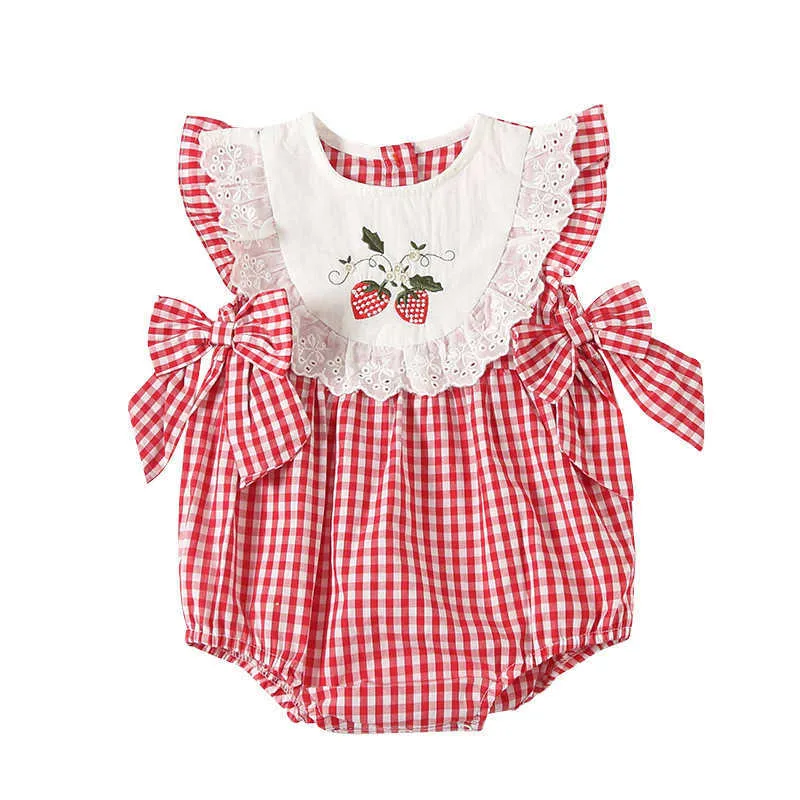 Sommar spädbarn flicka romer rompers körsbär broderi jumpsuit född 1: a födelsedag dop boutique kläder 210615