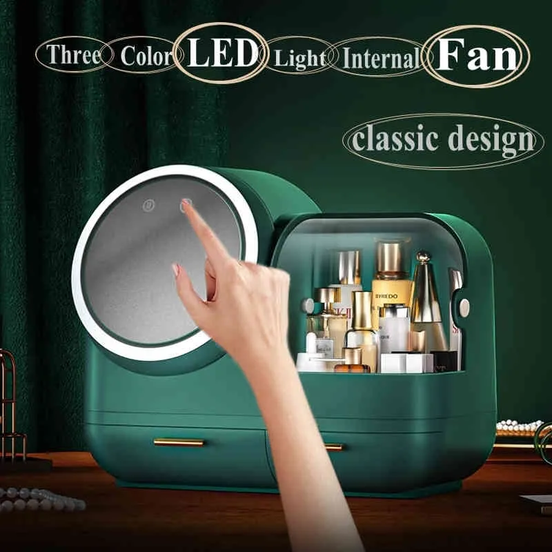 Fan Makeup LED Luz Armazenamento Cosmético Transparente Organizador De Desktop Fashion Clear Beauty Box 2021 Dropshipping