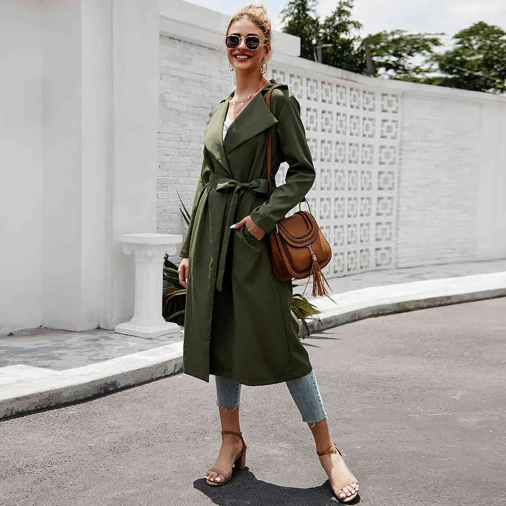 Kvinnors Trench Fashion Army Green Turn Down Collar Long Slim Coat Ol Dam Lång Chic Trench Coats 210524