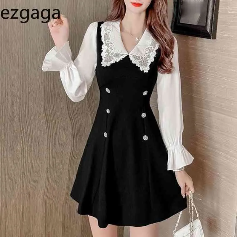 Ezgaga Office Lady Elegant Dress Women Korean Fashion Chiffon Patchwork High Waist Flare Sleeve Spring Women Dresses Vestidos 210430