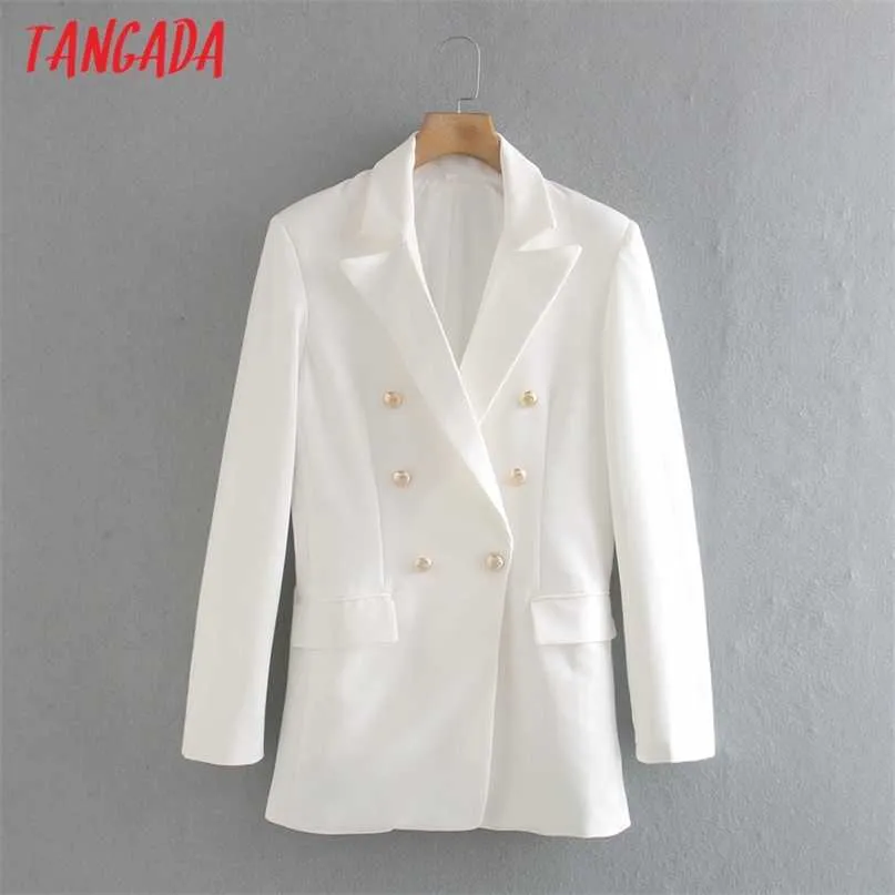 Tangada Mulheres Moda Branco Blazer Casaco Vintage Duplo Breasted Manga Longa Feminina Outerwear Chic Tops 2xn50 211019