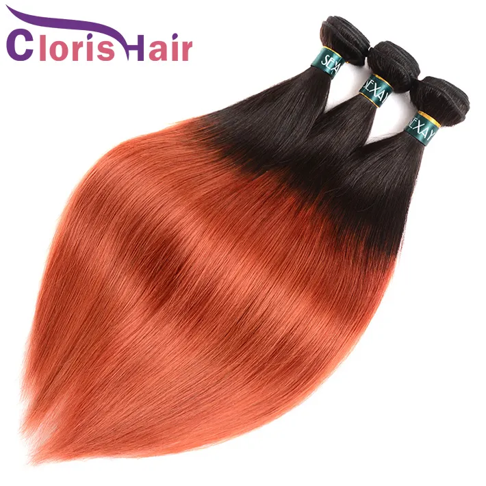 EXQUISITE 1B / 350 Silky Height Hair Cheveux Humains 3 Bundles Vierge Vierge Brésilienne Extensions Arrosées Dark Racines Orange Brasillien Tissu de Colle Tissu