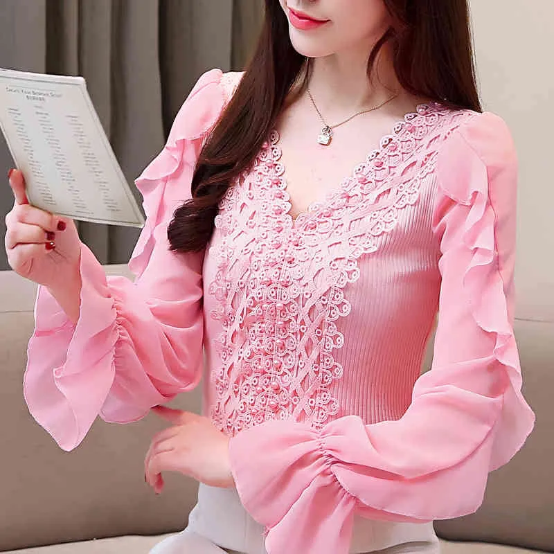 Mode Sexy col en v à manches longues femmes Blouse automne bureau à volants chemises solide brillant serré mince Blusa blanc rose hauts 790A 210420