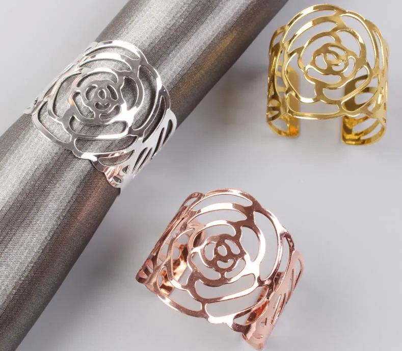 Rose servett ring silver guld färg ihålig ut metall servetter hållare för fest bröllop bord dekoration leveranser sn5335