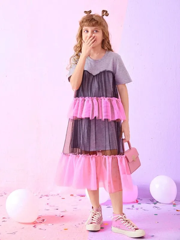 Color Block Layered Hem 2-in-1 blue and black dress for Girls