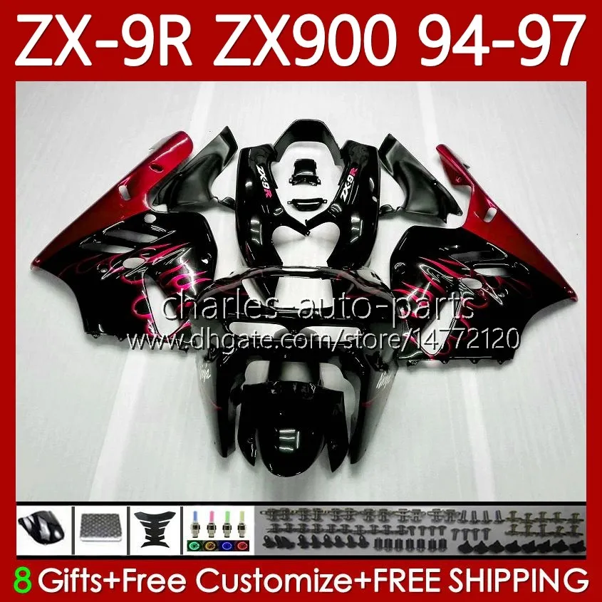 Kit de carrosserie pour KAWASAKI NINJA ZX-9R ZX900 ZX 9R 9 R 900 CC 1994-1997 Carrosseries 100No.56 ZX9 R 900CC ZX-900 ZX9R 94 95 96 97 ZX900C 1994 1995 1996 1997 OEM Carénage rouge flammes blk