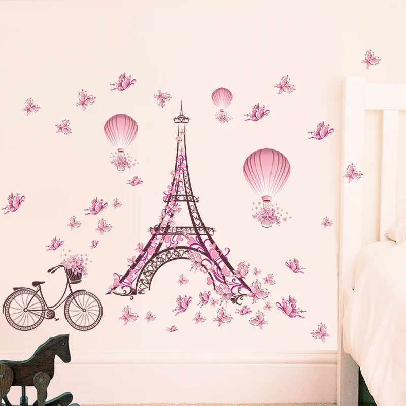 Romantique Tour Eiffel Love Couple Couple Couple Stickers Stickers Salon Salon Décoration Vélo Fleur Chaud Air Ballon Mariage Décoration de mariage 210420