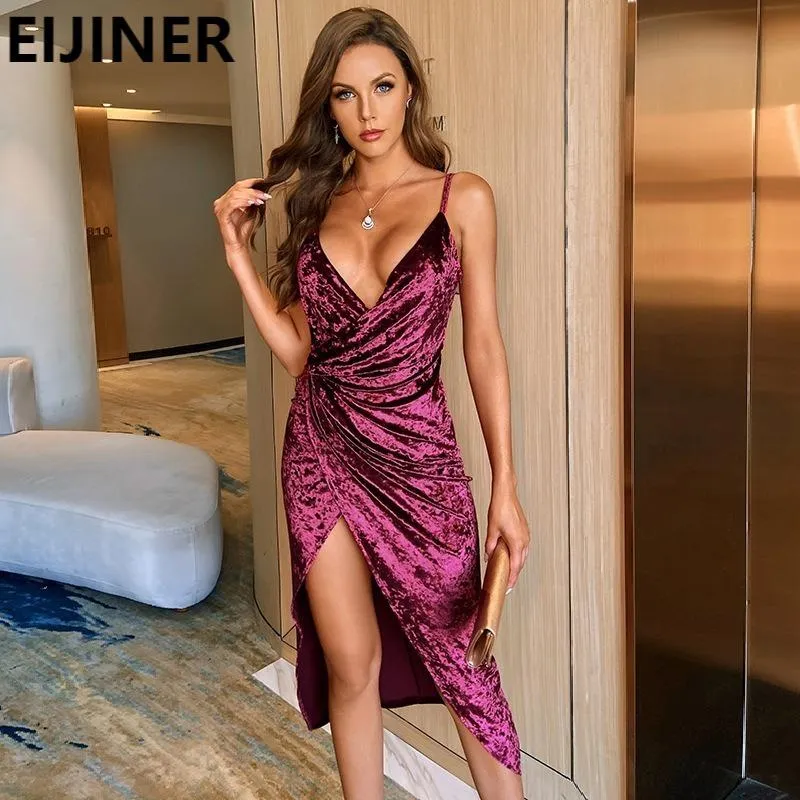 Mouwloze spaghetti -band midi bodycon jurk sexy mode vouwen hoge taille split backless fluwelen elegante bar club feest casual jurken