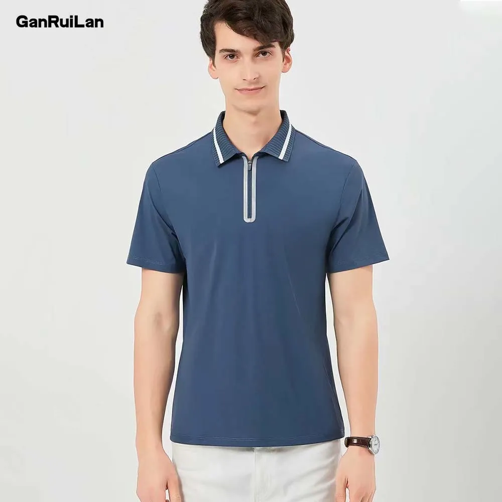 Haute qualité Polo été à manches courtes fermeture éclair hommes chemise Polo Nylon/Spandex solide décontracté Polo mâle hauts 210518