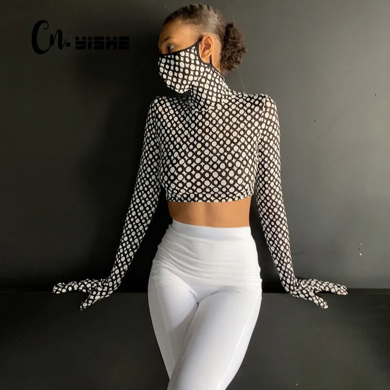 CNYISH T-shirt Imprimé Léopard Avec Des Gants Femmes Printemps À Manches Longues Col Roulé Hip-Hop Crop Tops Basic Streetwear Skinny Tees 210419