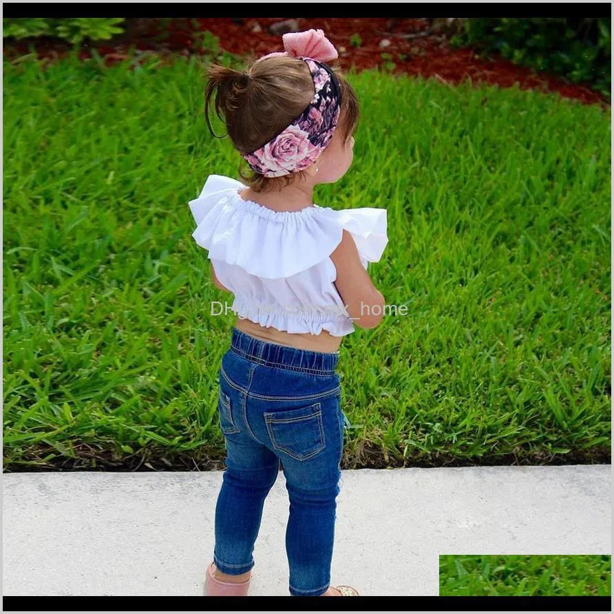 girls clothes set summer new ins cotton flying sleeves a word shoulder t-shirt + washed holes jeans clothing suit
