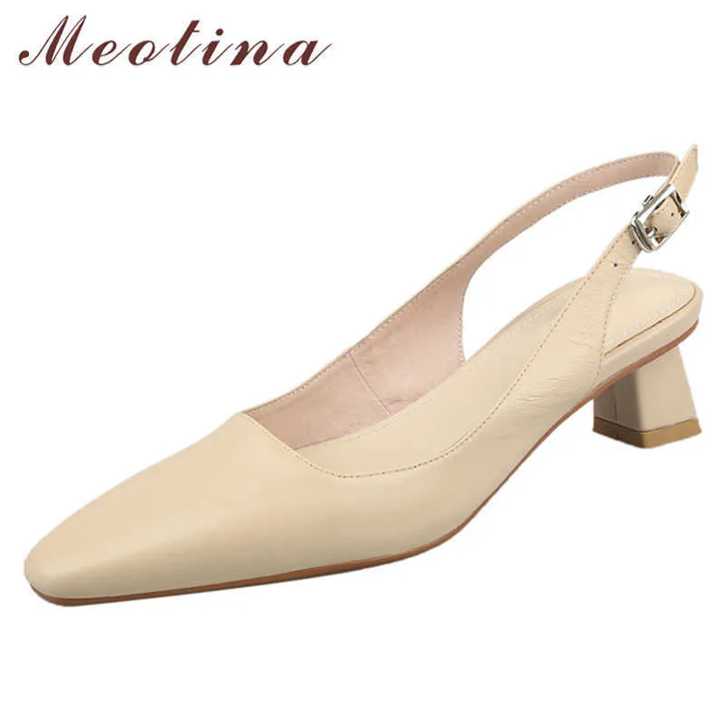 Meotina Natural Genuine Leather Mid Heels Pumps Slingbacks Women Shoes Square Toe Thick Heel Buckle Dress Lady Footwear Beige 40 210608