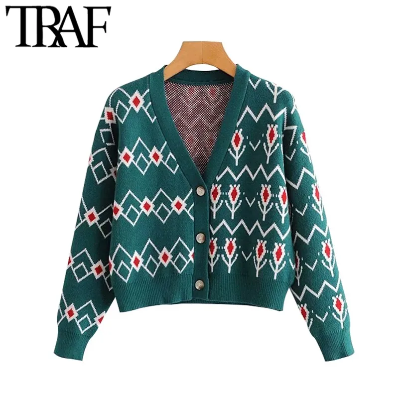 Women Fashion Geometric Pattern Cropped Knitted Cardigan Sweater Vintage Long Sleeve Button-up Female Outerwear Chic Tops 210507