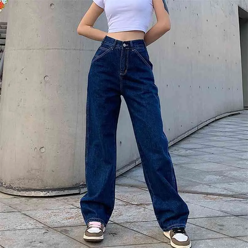 Retro Blue Woman Jeans Causal Losse Baggy Hoge Taille Skinny Pockets Cargo Broek Rits Button Wide Been Mujer Pantalones 210922