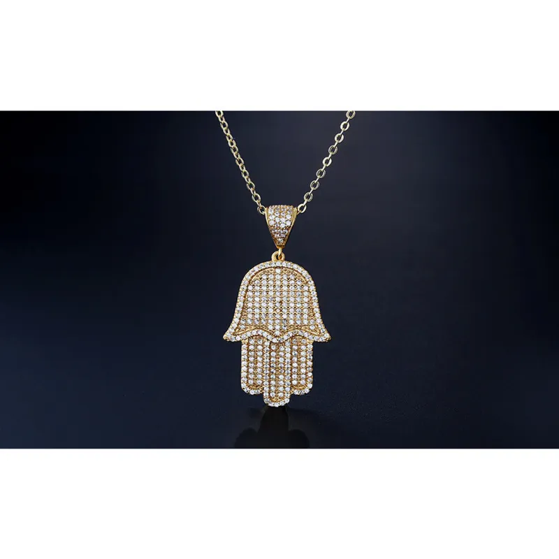 Collana con ciondolo Hip Hop Bling con strass pieno di strass Catena a maglie incrociate da 24 pollici Donna Uomo Coppia Ice Hamsa con gioielli CZ