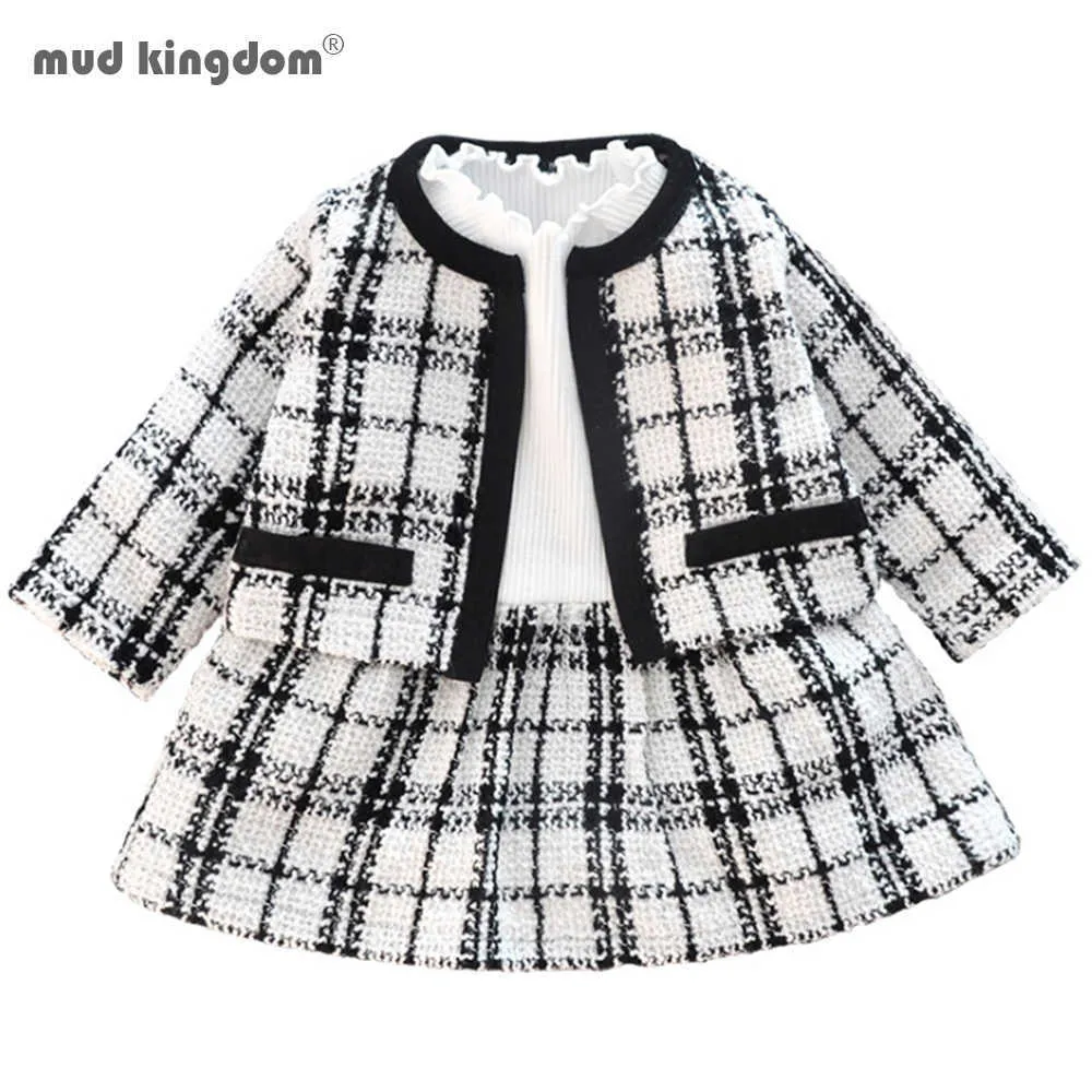 Mudkingdom Autumn Winter Kids Girls Clothes Fashion Pageant Plaid Coat Tutu Dress Outfits Suit Toddler Girl Clothing Set 210615