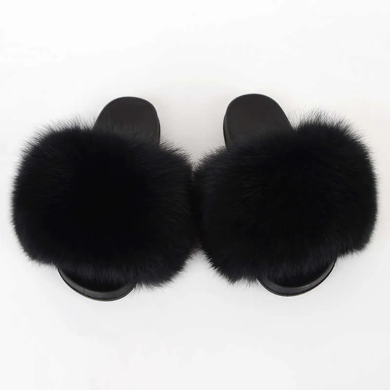 Big Fur Slides Women Furry Slippers House Summer Home Fluffy Shoes Plush Sandals Ladies Luxury Real Fur Flip Flops Big Size 2020 Q0508