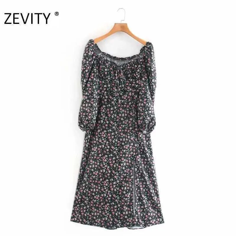 Zevity Women Agaricレースのフリルレースアップ印刷カジュアルミディドレス女性パフスリーブスプリットヴェスティドシックブランドドレスDS4448 210603