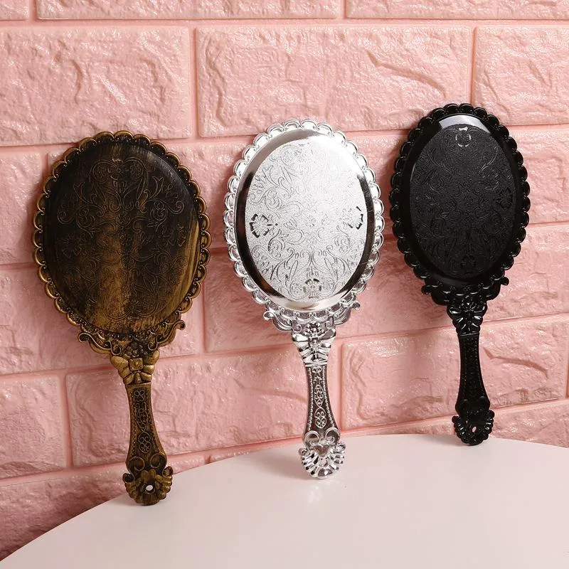 High Definition Mirrors Hand Looking Glass Retro Pattern Vanity Lighted Makeup Mirror Korean Style Princess Compact Portable Handle RH5812