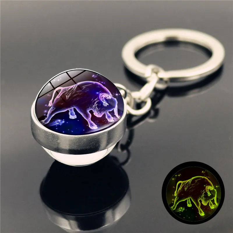 12 Constellation Lysous Keychain Glass Boll Hängsmycke Zodiac Glow In The Dark Key Chain Holder Men Kvinnor Födelsedaggåva