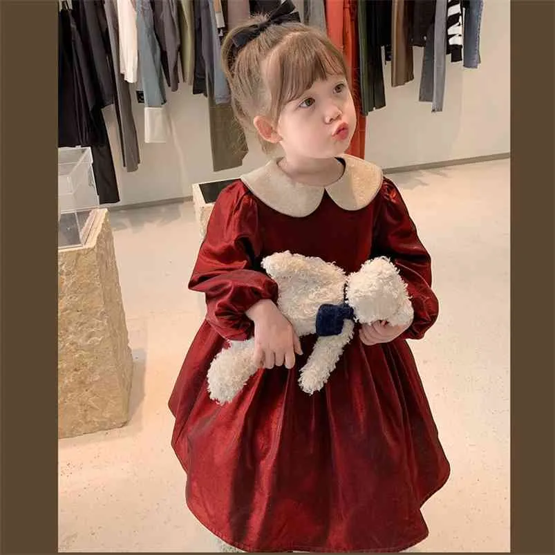 Mädchen Kleid Gold Samt Party Prinzessin Kleider für Jahr Herbst Kinder Kostüme Winter Langarm Weihnachten 210625