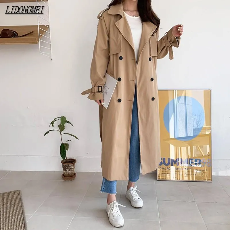 Trench Coat Roupas de Outono Mulheres Coréia Retro Meio-Comprimento Windbreaker Grande Lapela Dupla Suspensão Suspensão Suspensão Puff Sleeve Wood's Women