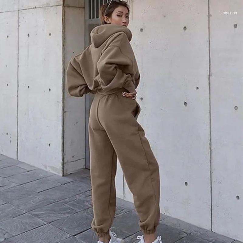 Women Sweat Suits Two Piece Set Autumn Winter Solid Tracksuit Zipper Short  Jacket Top Coat And Elastic Waist Sweatpants