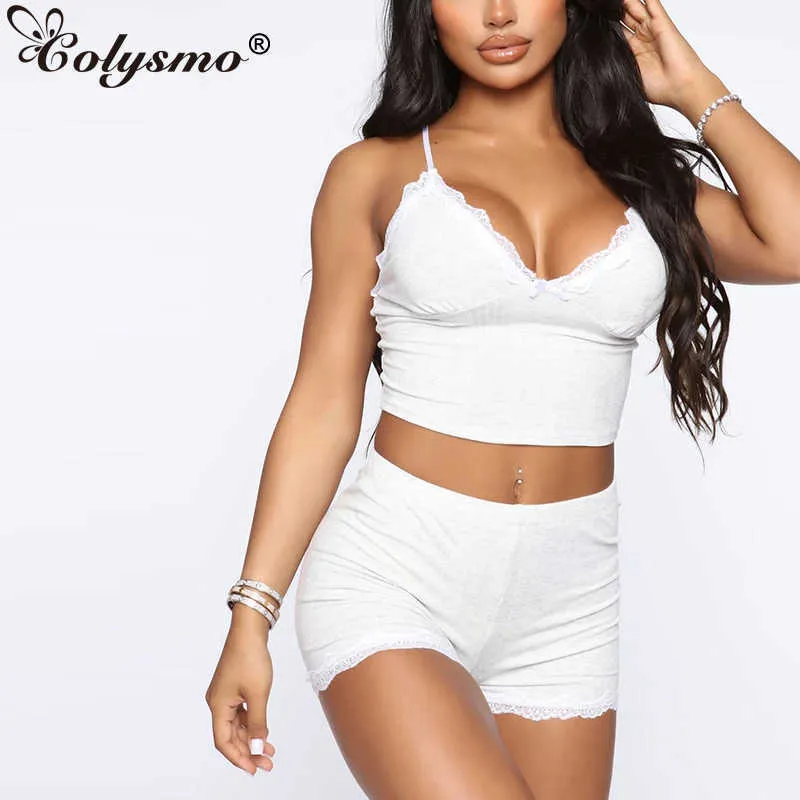 Colysmo White Two Piece Set Women Summer Ribbed Sexy V-neck backless Camisole Mini Shorts 2 Pink Casual Outfits 210527