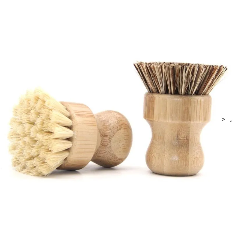 Round Wood Brush Pincel Potenciômetro Potenciômetro Panela Sisal Palm Bambu Cozinha Fruta Limpeza Escovas RRB11890