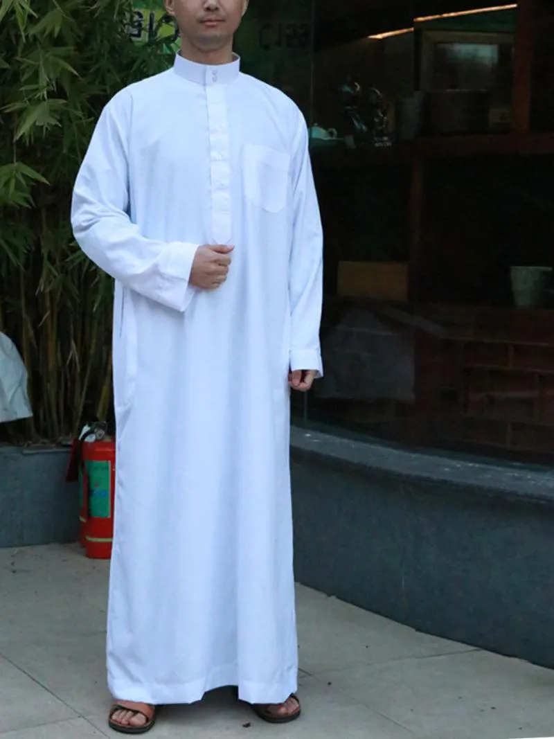 Suudi Arap Tam Kollu Abaya İslam Giyim Erkekler Uzun Robe Kaftan Müslüman Pakistan Dua Artı Boyutu Jubba Thobe Etnik