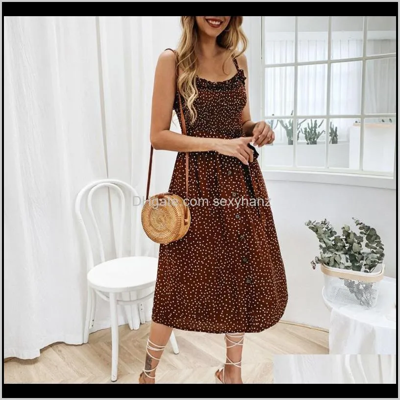 2021 boho women ruffle loose dress sleeveless holiday polka dot print midi dress evening party beach dresses summer sundress#j30