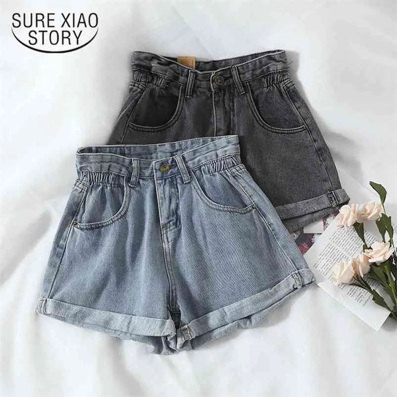 Été taille haute Denim Shorts femmes décontracté lâche dame mode grande taille élastique jambe large femme 13724 210510