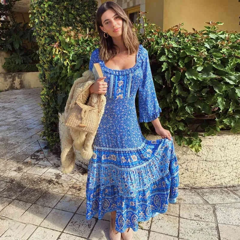 Floral Gypsy Maxi Dress with Frill Neckline and Belt Tie
