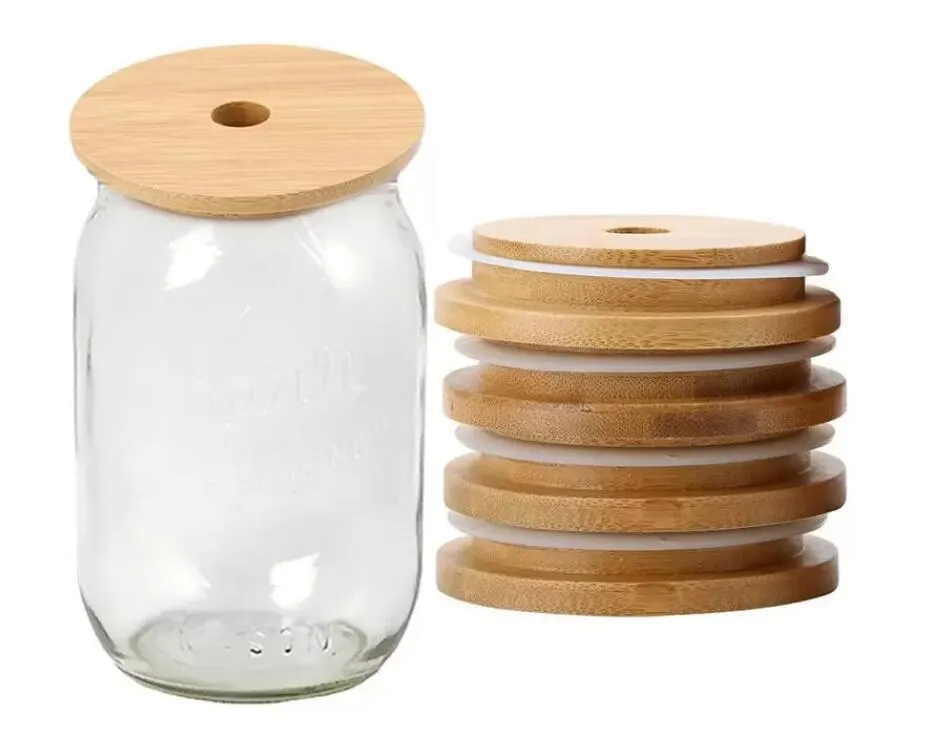 Bamboe Cap Deksels 70mm 88mm herbruikbare bamboe Mason JAR-deksels met stro gat en siliconen afdichting Hoge kwaliteit