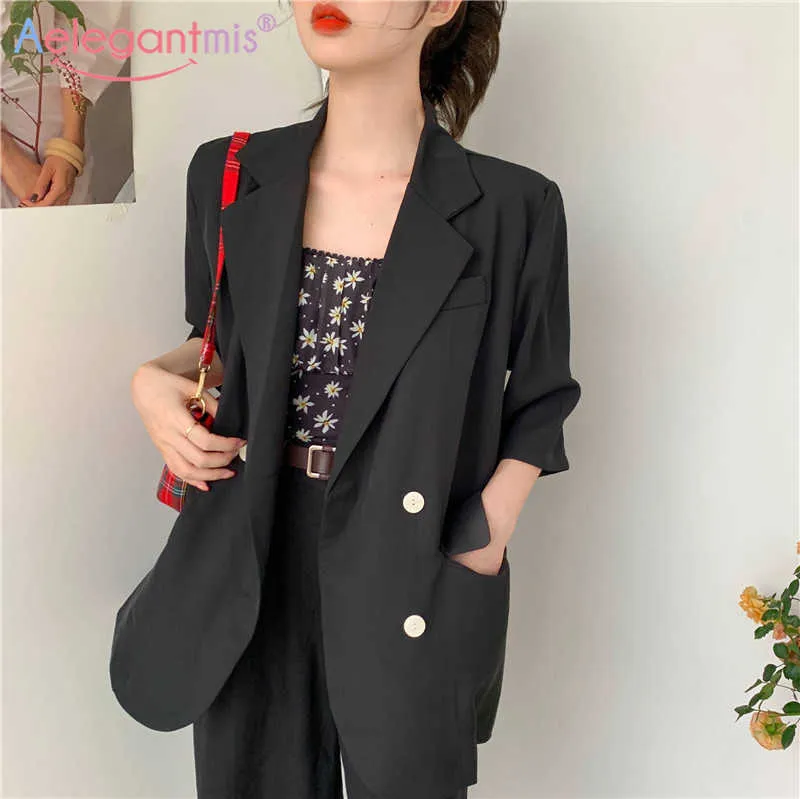 Aelegantmis Short Sleeve Black Blazer Women Thin Office Lady Casual Loose Summer Hin Suit Jacket Femme OL 210607