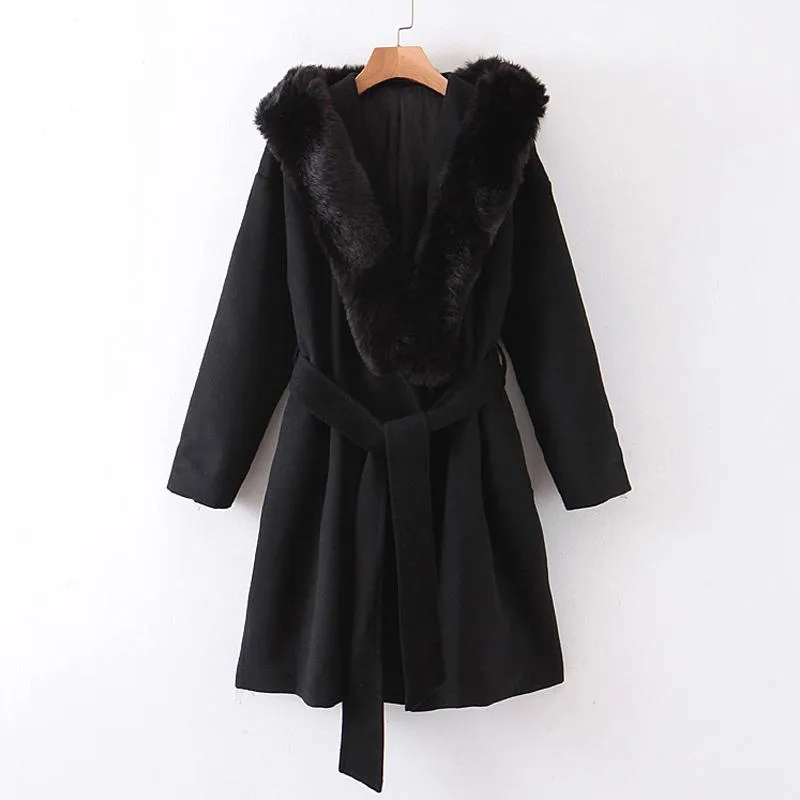 Kvinnorsullblandningar Vintage Chic Hooded Jackor Kvinnor Fashion Oversized Fur Collar Coats Elegant Ladies Sashes Design Outerwear